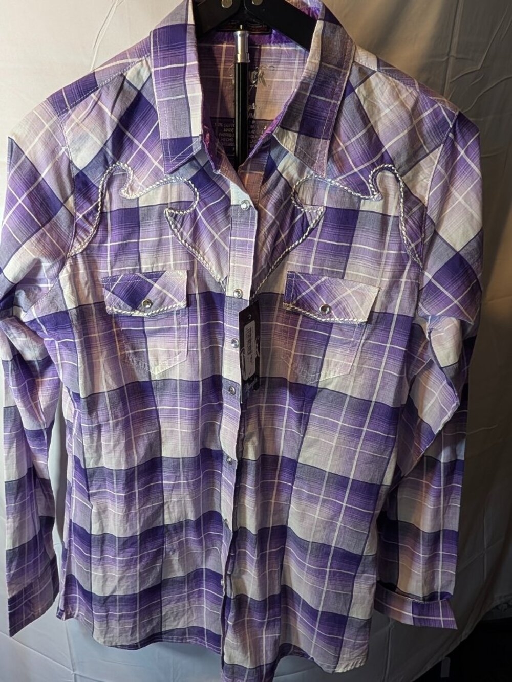 Rock 47 by Wrangler Med Purple Plaid Western Rhinestone Snap Shirt Cowgirl NWT